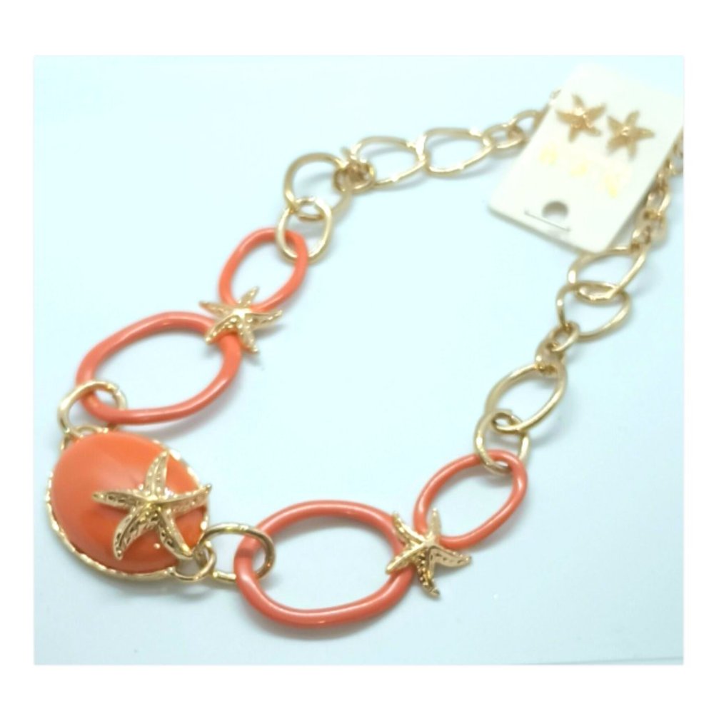 Starfish Necklace And Post Earrings Set Orange Gold 16 in. Costume Jewelry